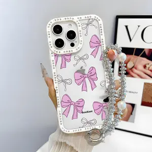 Pink Bow Design Bling Glitter Phone Case with Sparkle Rhinestone Diamond , Airbag Anti-Fall Crystal Cover for iPhone 16 15 14 13 12 Pro Max Plus Girl