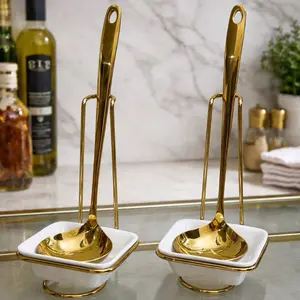 2  Luxe Ladle Set Gold Plated Stainless Steel Serving Spoon with Ceramic Bowl for Elegant Dining BPA Free Gold Plating for Luxurious Look