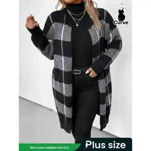 【Plus Size】 Women's Plaid Print Drop Shoulder Cardigan, Casual Plus Size Long Sleeve Open Front Knitwear for Fall & Winter, Cardigan for Women, Women's Plus Clothing for Daily Wear, Winter Clothes Women, Knitted Sweater