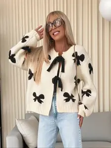 Women's Cute Loose Butterfly Pattern Knit Cardigan, Long Sleeve Tie Front Sweater Coat for Fall & Winter, Casual Fashion Outerwear, Tops, Womenswear, Fit, Knitwear