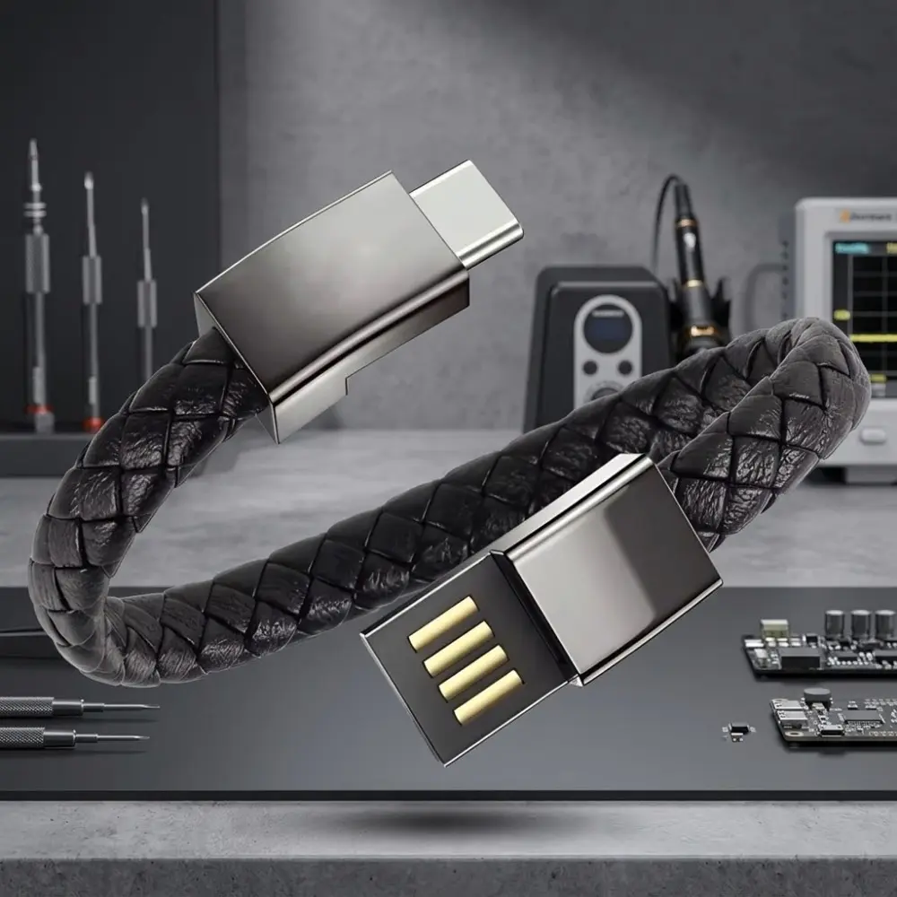 Type-C Fast Charging Bracelet: Durable Woven Wearable Charger Cable Cord, Portable Leather Wrist Strap for On-the-Go Power, Multi-Function Smart Charging Accessory, Typec Charging