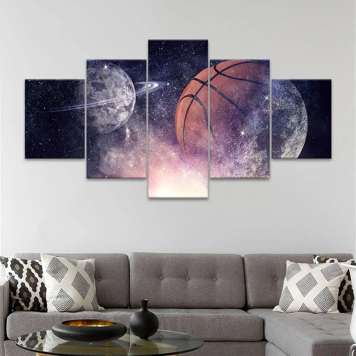 Basketball & Planet Pattern Space Theme Design Unframed Painting, 5 Counts/set Canvas Wall Art Poster, Wall Art Decor for Home Living Room Bedroom Office, Ornaments