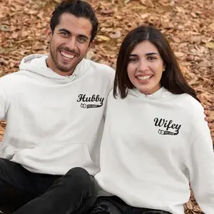 Custom Couple Matching Hubby and Wifey Embroidered Hoodie, Date Couple Sweatshirt, Matching Couple Hoodie