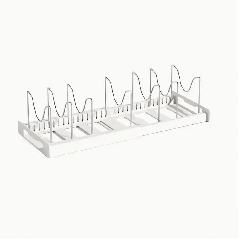Expandable Pot and Pan Organizer Rack for Cabinet, Pot Lid Organizer Holder with 7 Stainless Steel Adjustable Dividers for Kitchen Cabinet Organizer and Storage (White)