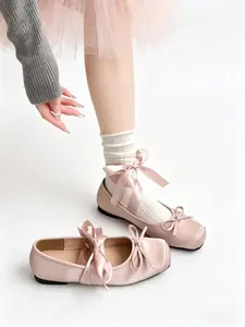 Women's Elegant Square Toe Mary Jane Shoes, Bow Ribbon Strap Ballet Flat, Versatile Soft Sole Commuter Loafers