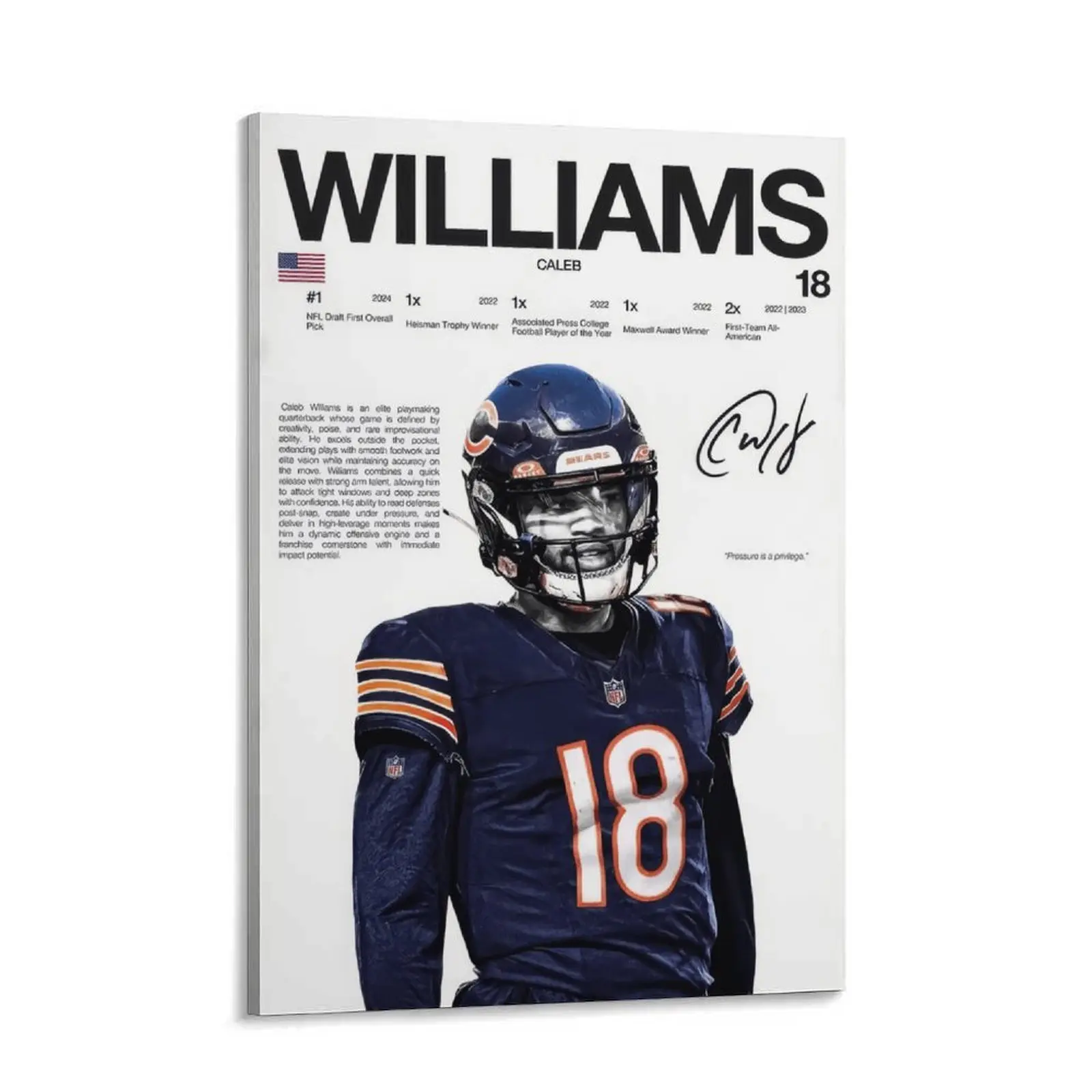 Caleb Williams Chicago Bears Canvas Print Wall Art - NFL Draft Pick, Heisman Trophy Winner Sports Poster, Living Room Room Decor, Ideal Gift for NFL Fans