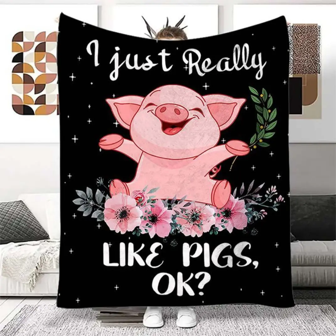 Cartoon Pig Pattern Blanket,   1 Count Soft and Comfortable Air-conditioned Room Flannel Throw, Warm Nap Blanket for Home & Office  Thin Blanket Dream Workshop