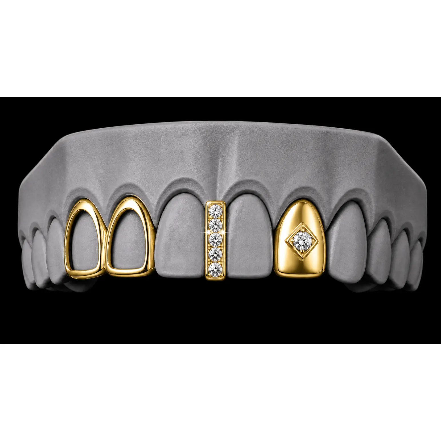 14K Gold Plated Open Double Tooth + Centered Diamond Grillz Cap + Iced Gap
