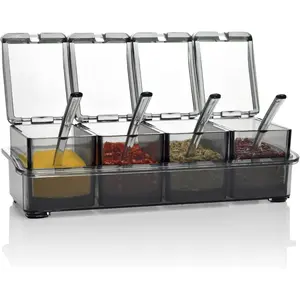 [  Version Elegant Black Seasoning Box, 4 count Seasoning Storage Container  for  Kitchen,Condiment Jars with Cover and Spoon for Pepper  Salt Sugar Storage