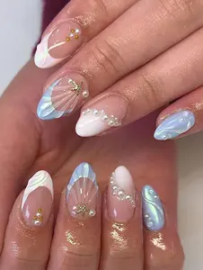 Mermaid Shell Press On Nails | 3D Pearl & Starfish Ocean Nail Art | Iridescent Blue White Swirl Nails | Handmade Summer Beach Nail Set