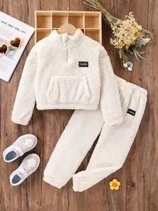 2pcs Girl's Fleece Outfit Set, Zipper Half-Open Collar Top & Elastic Waist Cuffed Pants, Fall/Winter Warm Casual Knit Tracksuit