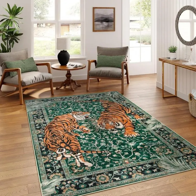 VIKAMA Vintage Tiger Pattern Carpet Non-slip Washable Area Rug for Living Room Sofa Coffee Table Bedroom Floor Mat Home Decor