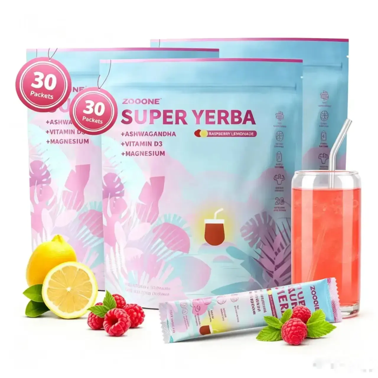 ZOOONE Super Yerba I Yerba Mate Instant Tea Powder IRASPBERRY LEMONADE Flavor I 30 Servings