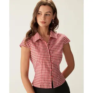 Red Plaid Cap Sleeve Button Blouse Casual Fabric