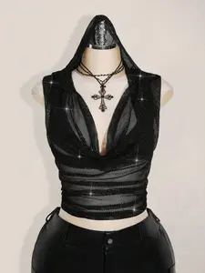 ZURI x  Plus Size Y2K Streetwear Sexy Shiny Mesh Halter Crop Top
