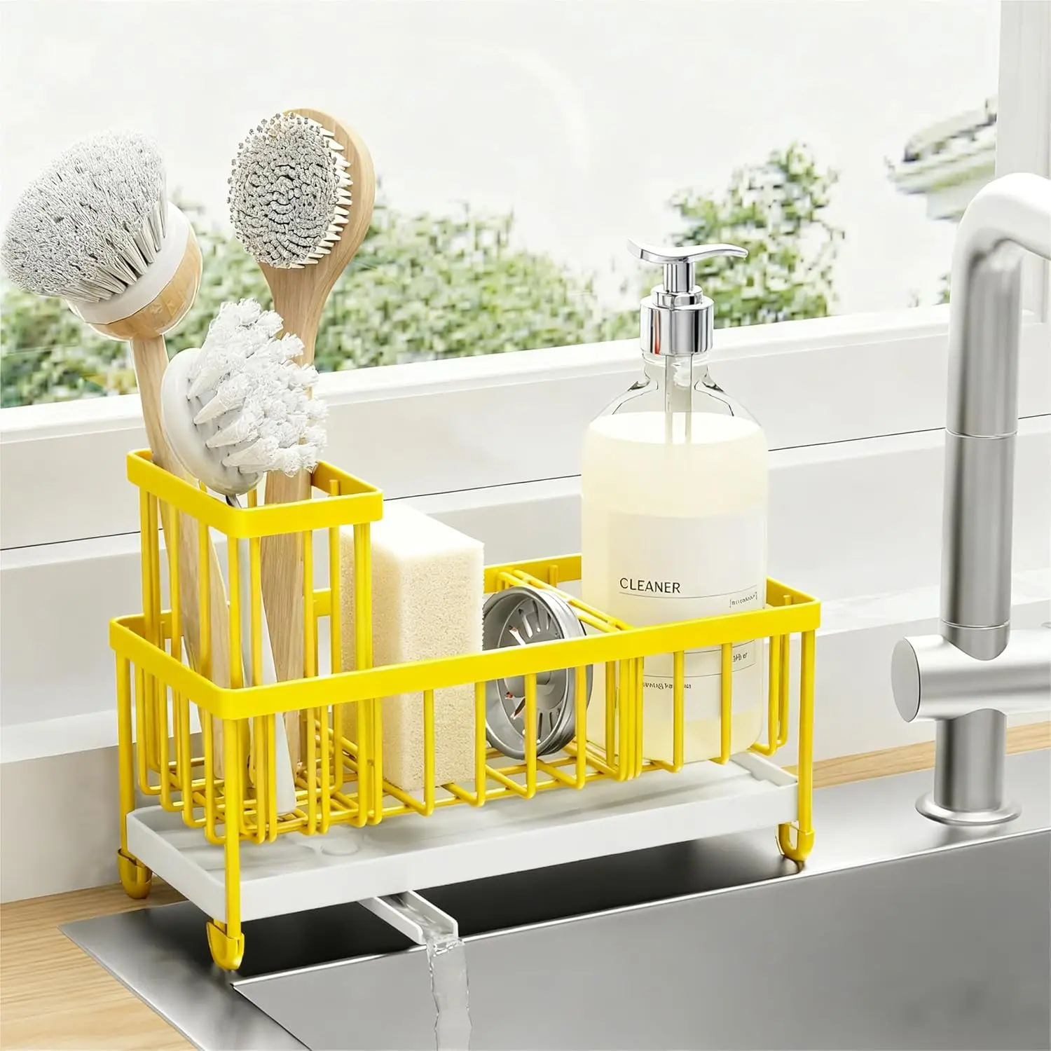Yellow Sponge Holder for Kitchen Sink, Sink Caddy Organizer with High Brush Holder, Kitchen Countertop Organizers and Storage Essentials, Yellow Kitchen Decor and Accessories