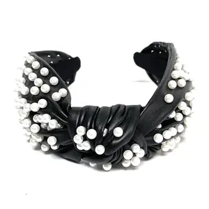 Wide Pearl PU Leather Knot Headband