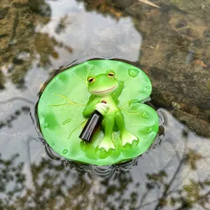 Cute Frog Lily Pad Resin Statue with Beer Bottle, Bright Outdoor Garden Decor, Perfect for Pond Pool Planter, Seasonal Decoration, Garden Accessories