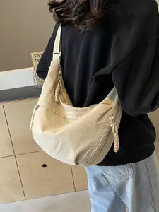 Fashion Nylon Waterproof Crossbody Bag Simple Casual College Style Wide Shoulder Strap Multi Zipper Design for Students Shopping Daily Use School Bag