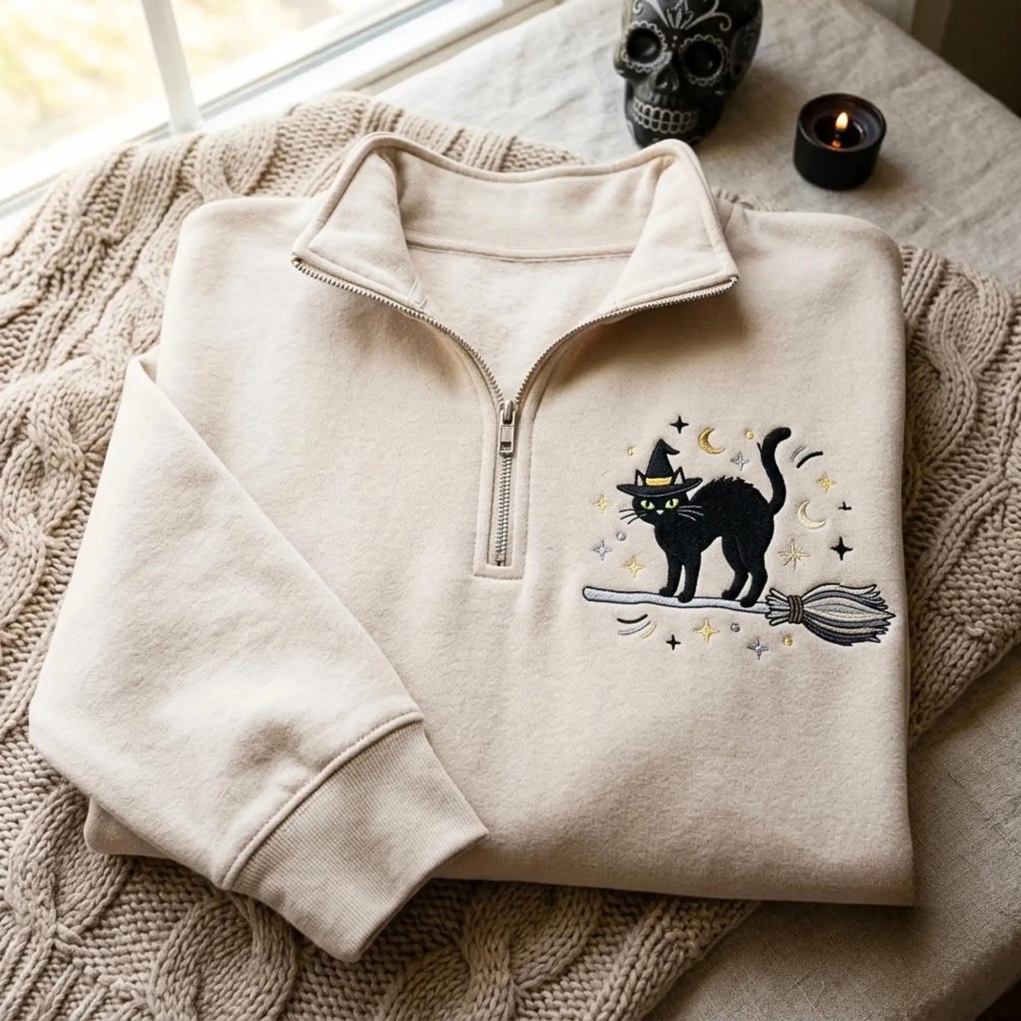 [Made in US] Embroidered Black Cat Quarter Zip Sweatshirt – Witchy Halloween Apparel