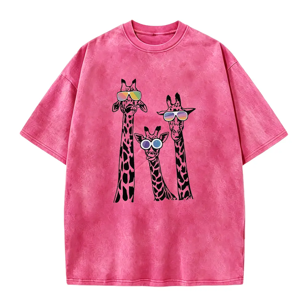 Women'S Casual Giraffe Print T-Shirt with Glasses, Short Sleeve Crew Neck Polyester Knit Top, Slight Stretch, Regular Fit, All Seasons