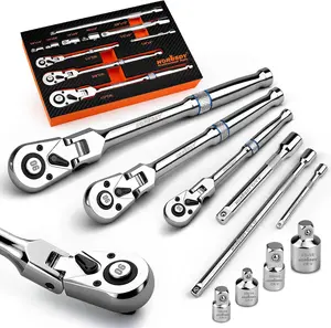 10-Piece Flex-Head Ratchet Set, 1/4", 3/8" & 1/2" Drive Wrenches, 90-Tooth Quick-Release Reversible Low-, Extension Bars (4", 10", 6") & 4 for Automotive, Bike, and Home Repair