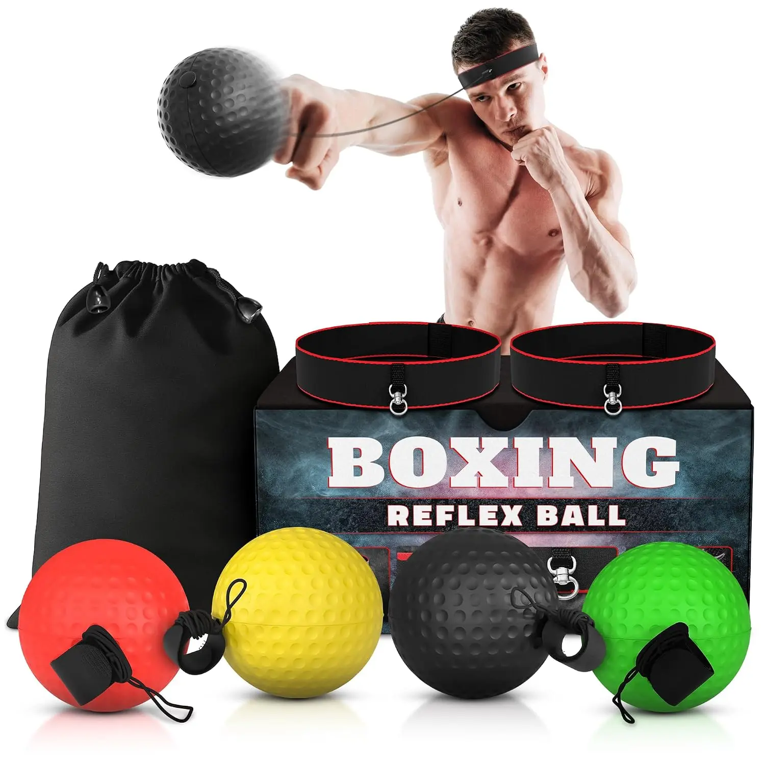 Nylon Unisex Boxing Reflex Training Kit - 4 Weighted Same-Weight Color Balls, 2 Adjustable Headbands for Reaction Time, Hand-Eye Coordination, Beginner to Advanced Drills, 2 Headbands, Train Anywhere, Travel, Adjustable Strap, Boxing Reflex Balls Set, Box