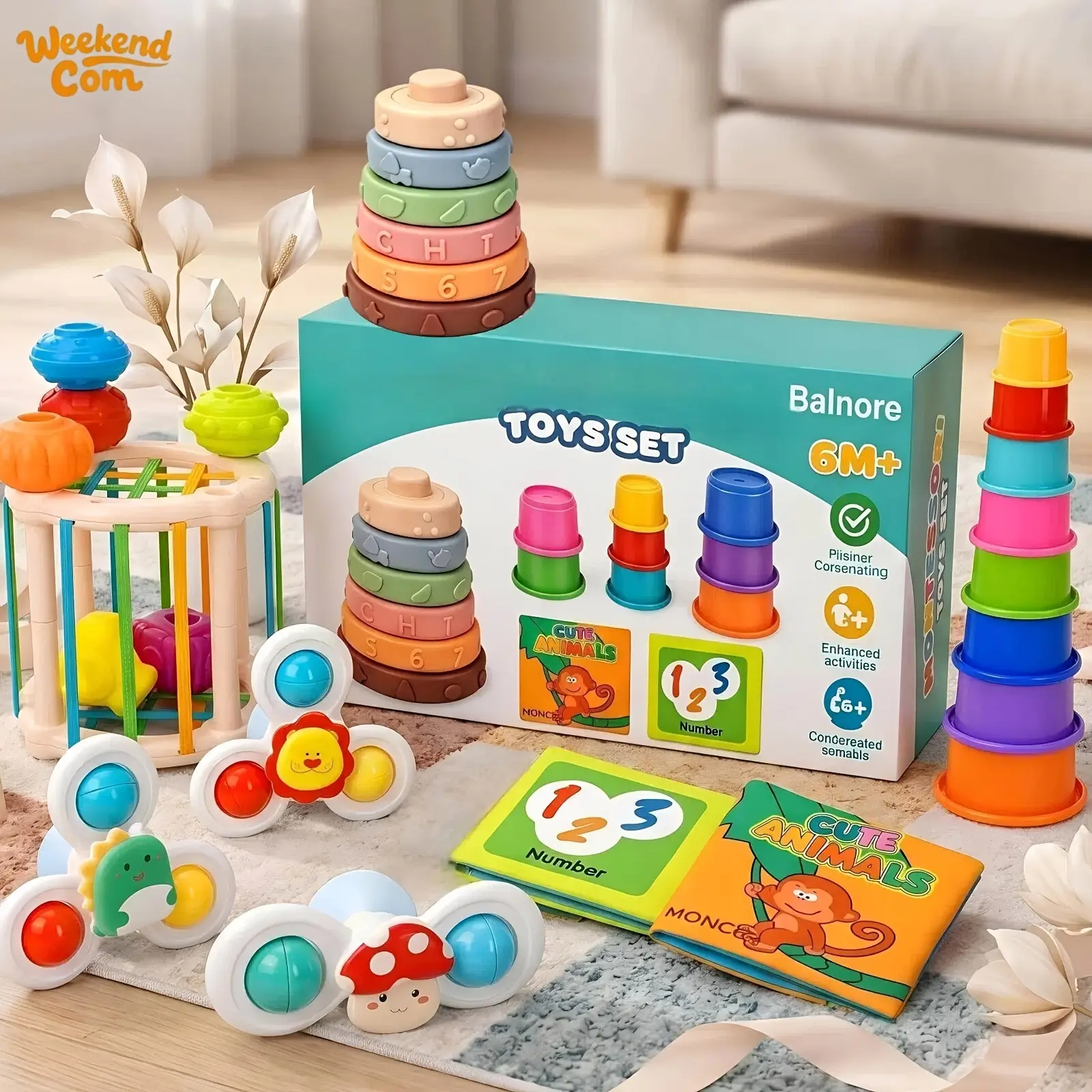 WEEKEND COME Baby Sensory Toy Set, 20-in-1 Early Learning Toys, Includes Stacking Cups, Baby Stacking Toy, Sensory Educational Cube, Cognitive Cloth Book, Cartoon Suction Spinner, 6M+, Perfect Gift For Birthdays & All Holidays.
