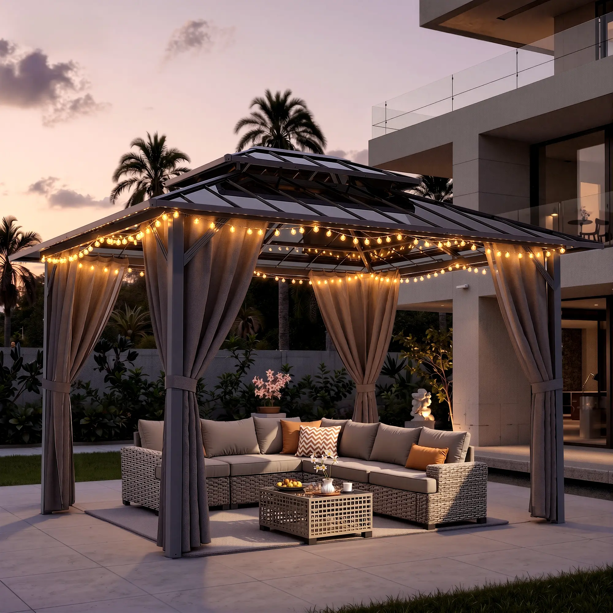 10'x12' Hardtop Gazebo, Iron Frame Permanent Pavilion with Curtains and Netting, Outdoor Double Roof Canopy for Garden, Lawns, Patio