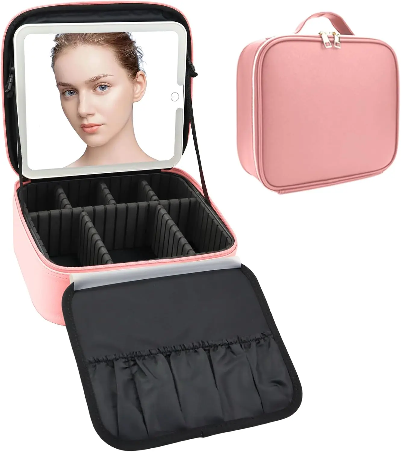 Chic Portable Vanity Case with Smart LED Lights and Mirror, Waterproof PU Leather Makeup Organizer Bag for Travel with Adjustable Dividers, Makeup Bag Set, Lipstick Organizer, Leakproof, Built-In Mirror, Handheld Cosmetic Pouch, Wedding, Cute, Dustproof,,