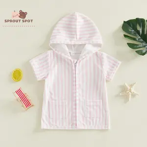 Girls Swim Cover Up Short Sleeve Zip Up Hooded Striped Bathing Suit Coverup Baby Pool Beach Robe