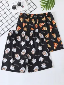 Men's Pizza Coffee Cartoon Print Sleep Pants Set, Summer Thin Home Wear Bottoms, Two-Piece Casual Loungewear for Men