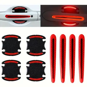 8pcs Car Handle Cup Protector Reflective Stickers, 3D Carbon Fiber Door Bowl Paint Scratch Protective Film, Night Visibility Door Cover Guard Strips, carbon fiber car door body kit accessory