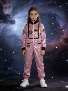 Girl Space Suit Jumpsuit, Laser Effect Fabric, Rocket Print, Astronaut Sleeves, Halloween Party Costume, All Seasons