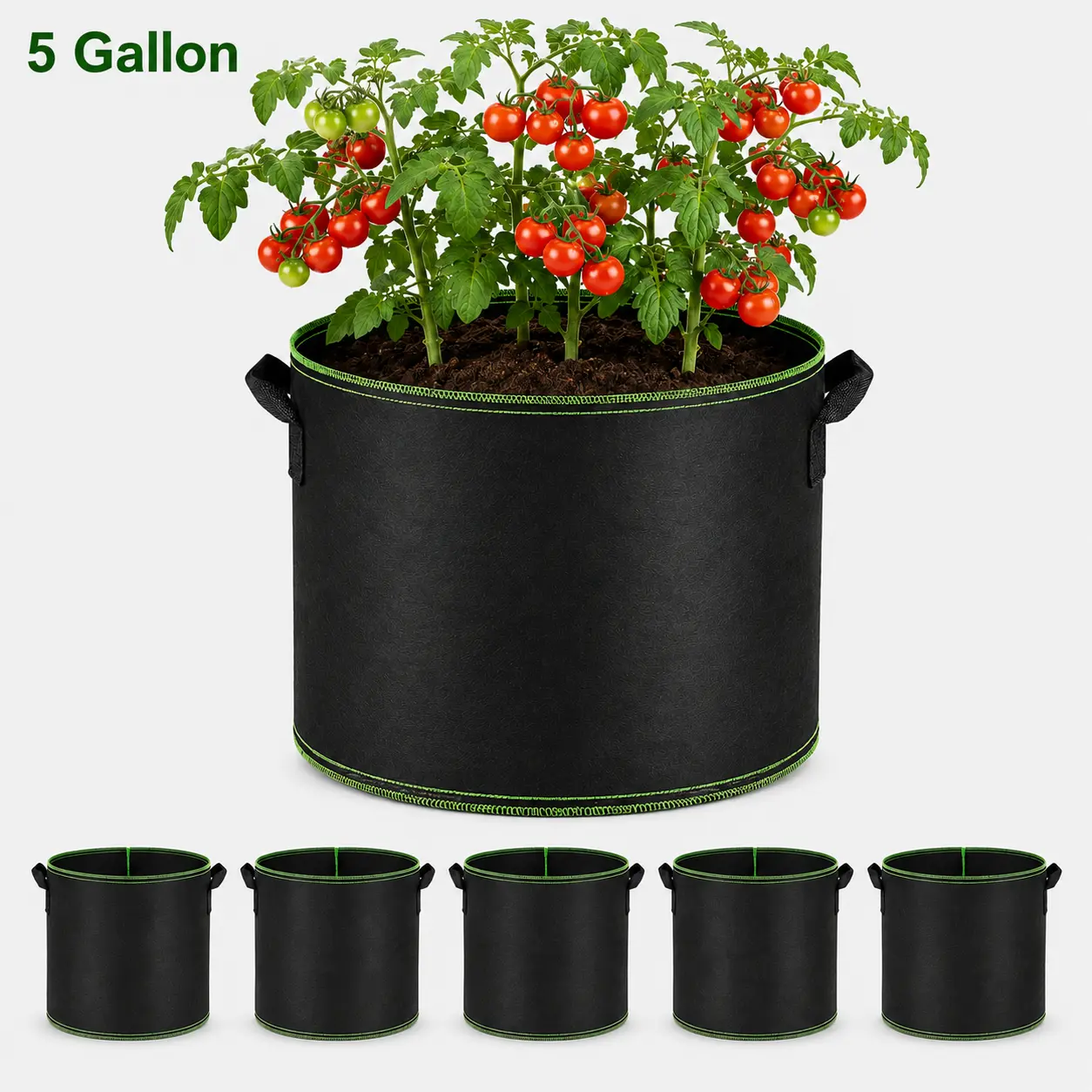 5-Pack 5 Gal Grow Bags, Thick Nonwoven Fabric Planting Pots with Handles, Breathable Heavy-Duty Planters for Balconies, Gardens