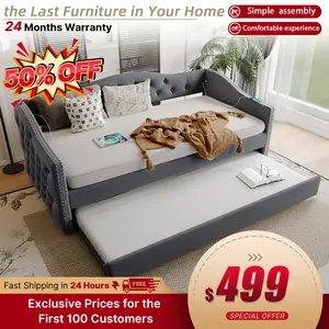 Twin Size Upholstered Daybed with Trundle and USB Charging Design, Sturdy Wood Slat Support, Wood Bed Frame for Bedroom/Guestroom/Dorm,Plush Velvet Fabric,Gray