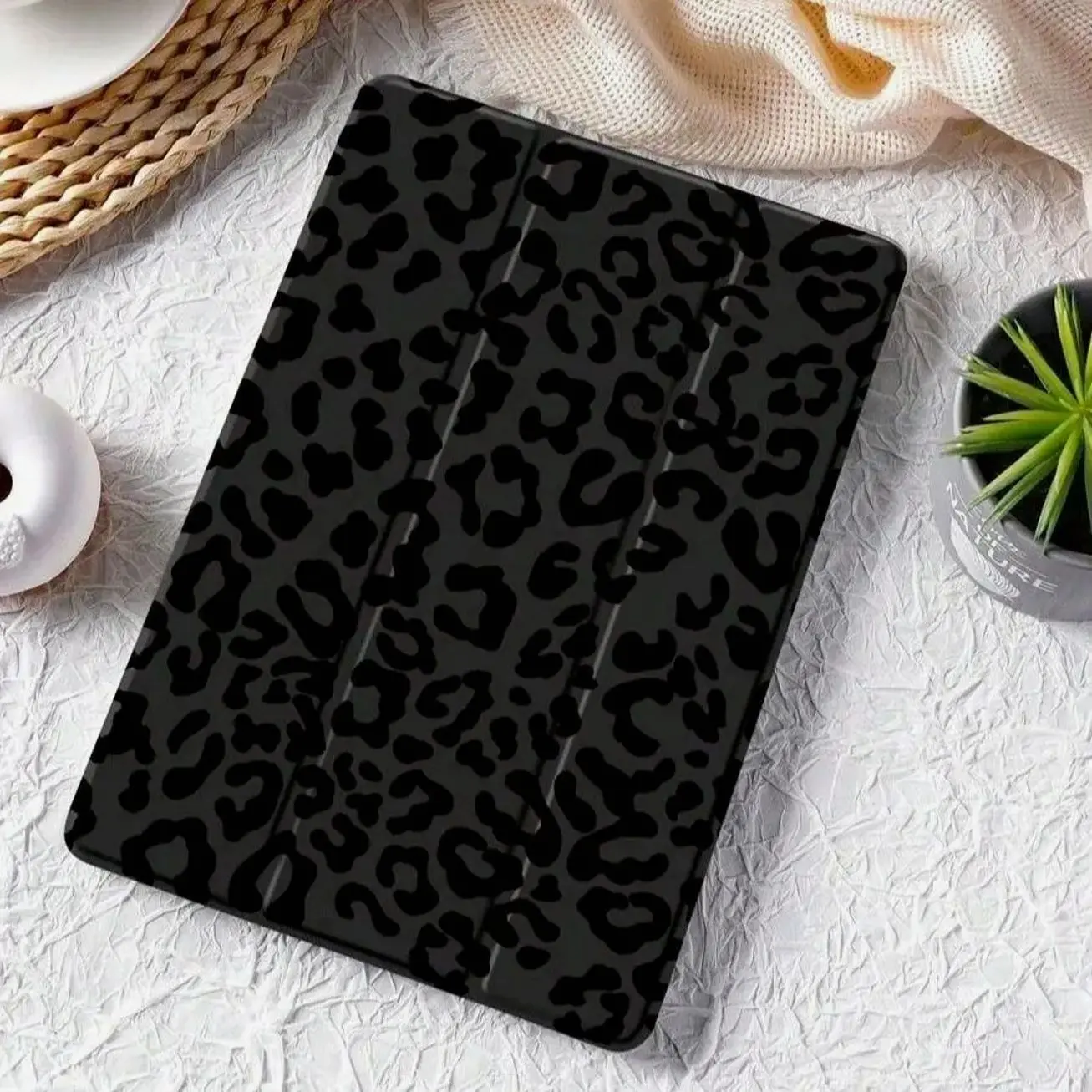 Black Leopard Print iPad Flip Case, Trifold Protective iPad Cover, Slim Tablet Case, Modern Animal Print Gift
