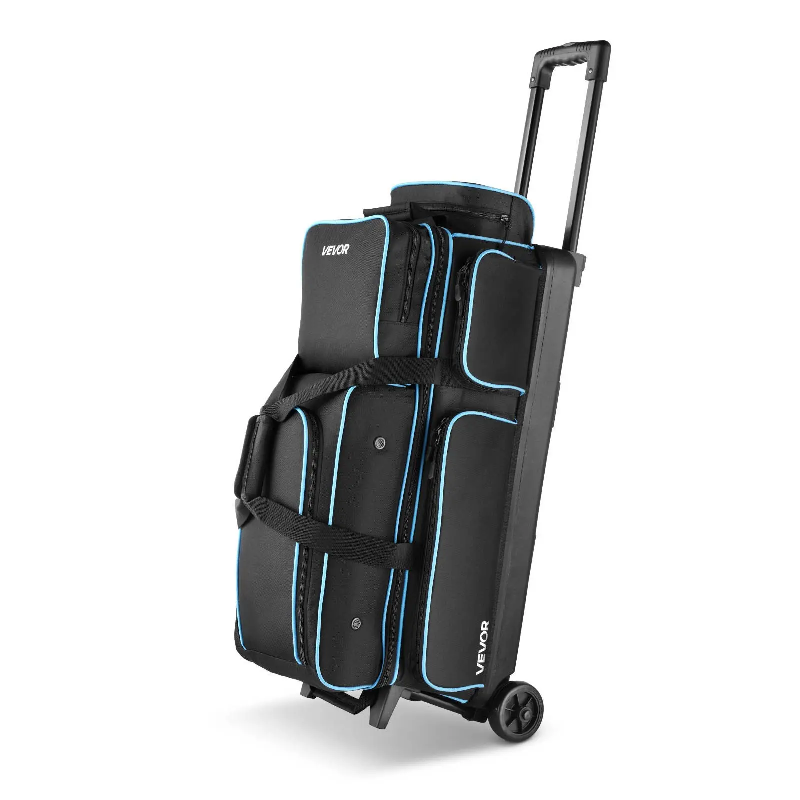 VEVOR Bowling Ball Bag, 3 Ball Double Roller Bowling Bag with Wheels, Featuring a Separate Compartment for Shoes (Up To US Size 16) Oversized Accessory Pocket, Retractable Handle Extends to 41.34 in