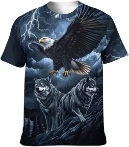 Men's 3D Printed Wolf and Bald Eagle Graphic Tee Shirt Animal Theme Shirt