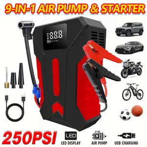 15000A Peak Current Car Emergency Jump Starter & 250PSI Portable Tire Inflator, 12V (Gas/Diesel 2.11 Gallons) for quick vehicle start, portable car battery charger, USB input/output, LED emergency light, car emergency tool