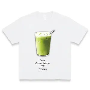 Limited-Hot-selling product100%  Pure  Comfort Tee: Iced Matcha Drink Print with 'Stats: Clairo Listener, 6’7″, Feminist’ Slogan – Soft, Breathable & Stylish Casual Wear for Trend - Loving Individuals