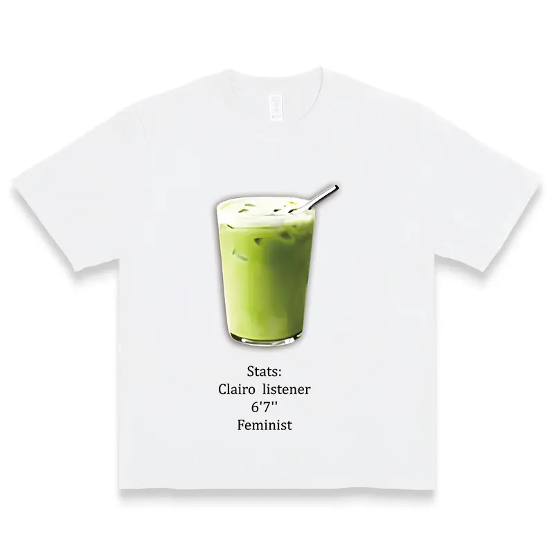 100% Cotton Pure Cotton Comfort Tee: Iced Matcha Drink Print with 'Stats: Clairo Listener, 6’7″, Feminist’ Slogan – Soft, Breathable & Stylish Casual Wear for Trend - Loving Individuals