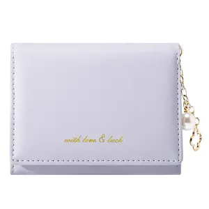 Girls Small Wallet Cute Wallet with Pearl Chain Cash Credit Card Holder ID Window for Women