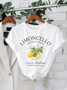 Women's Lemon Wine Print T-Shirt, Casual Short Sleeve Top, Loose-Fitting Street Style, Ideal for Italian Vacation & Summer, Womenswear