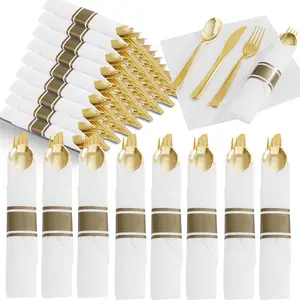 120Pack Pre Rolled Gold Plastic Silverware,Wrapped Plastic Cutlery Set with Napkin,Disposable Gold Wrapped Silverware Perfect for Party/Birthday/Wedding
