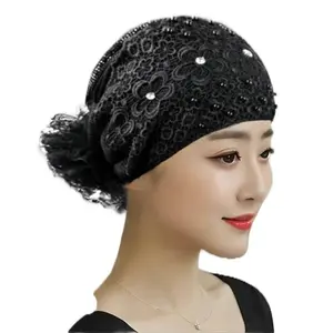 Women's Elegant Lace Beaded Hat - Black Floral Design for Stylish Outfits