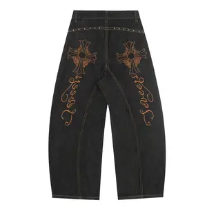 Inflation Baggy Cross Gothic Script Embroidery Denim Scimitar Pants High-Street Deconstructed Wide-Leg Trousers SpringStatements Casual Jeans street wear stylish Fashion