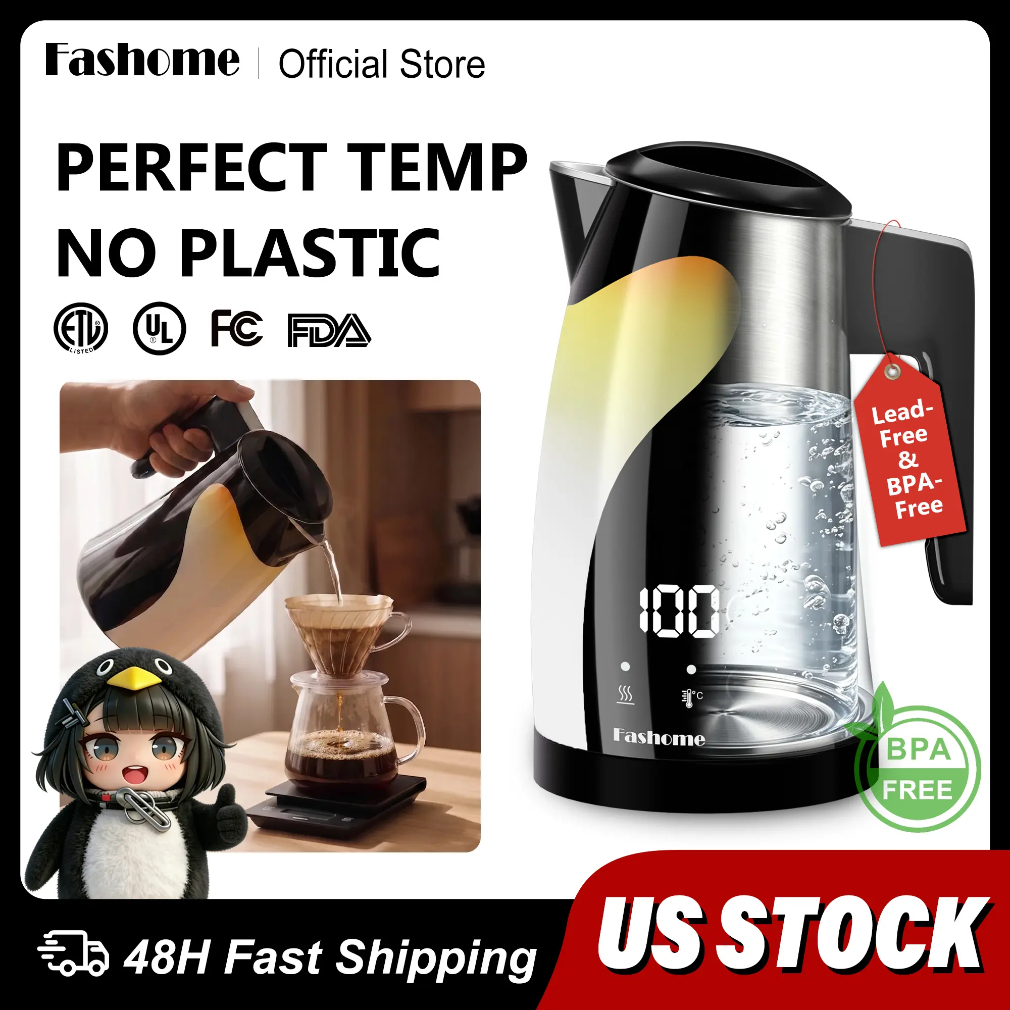 Fashome Electric Kettle, No Plastic Contact 304 Stainless Steel Interior, 5 Temperature Control 2H Keep Warm Digital Display, 1200W Fast Boil Cool Touch Auto Shut-Off, Original Penguin-Shaped Design, Suitable for Tea Coffee