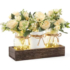 Mason Jar Lights Centerpiece Table Decor for Dining Room Farmhouse Wood Tray with 3 Jars Flowers Valentines Day Decoration for Coffee Table Kitchen Living Room Wedding