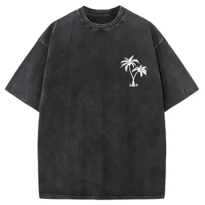 Holafish "Coconut Tree LOGO" Creative Pattern Printing Heavy 230g Pure Cotton Oversized Drop Shoulder T-shirt Washed T-shirt Men's Retro Street T-shirt Basic T-shirt Loose Hip-hop Unisex Top Acid Wash T-shirt Menswear Shortsleeve Vintage Hoodie